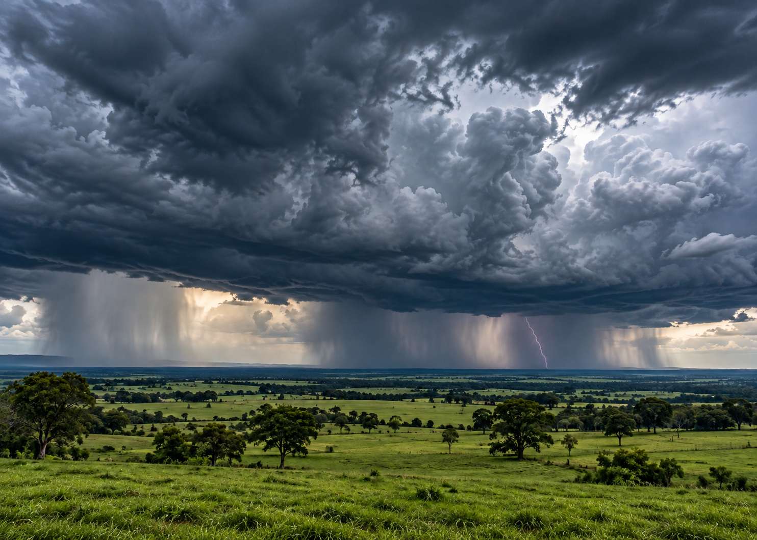 Chuva e raios sobre paisagem rural Chuva e raios sobre paisagem rural